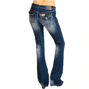 Y2K Women’s Sz 29 Mid Rise Naxos Saddle Bootcut Dark Blue Faded Wash Denim Jeans